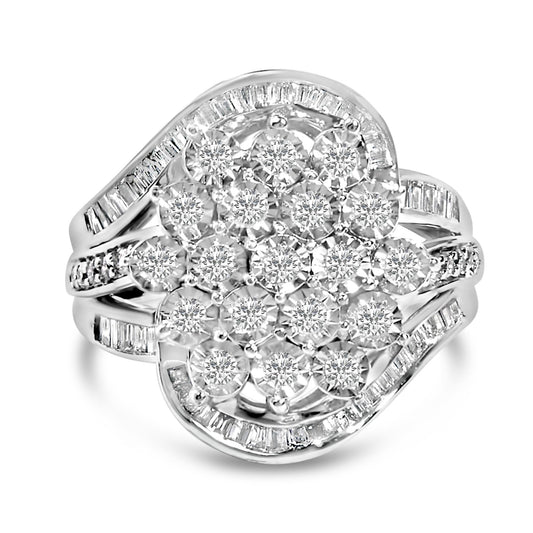 Sterling Silver 1.0 Cttw Diamond Swirl Cluster Cocktail Ring-0