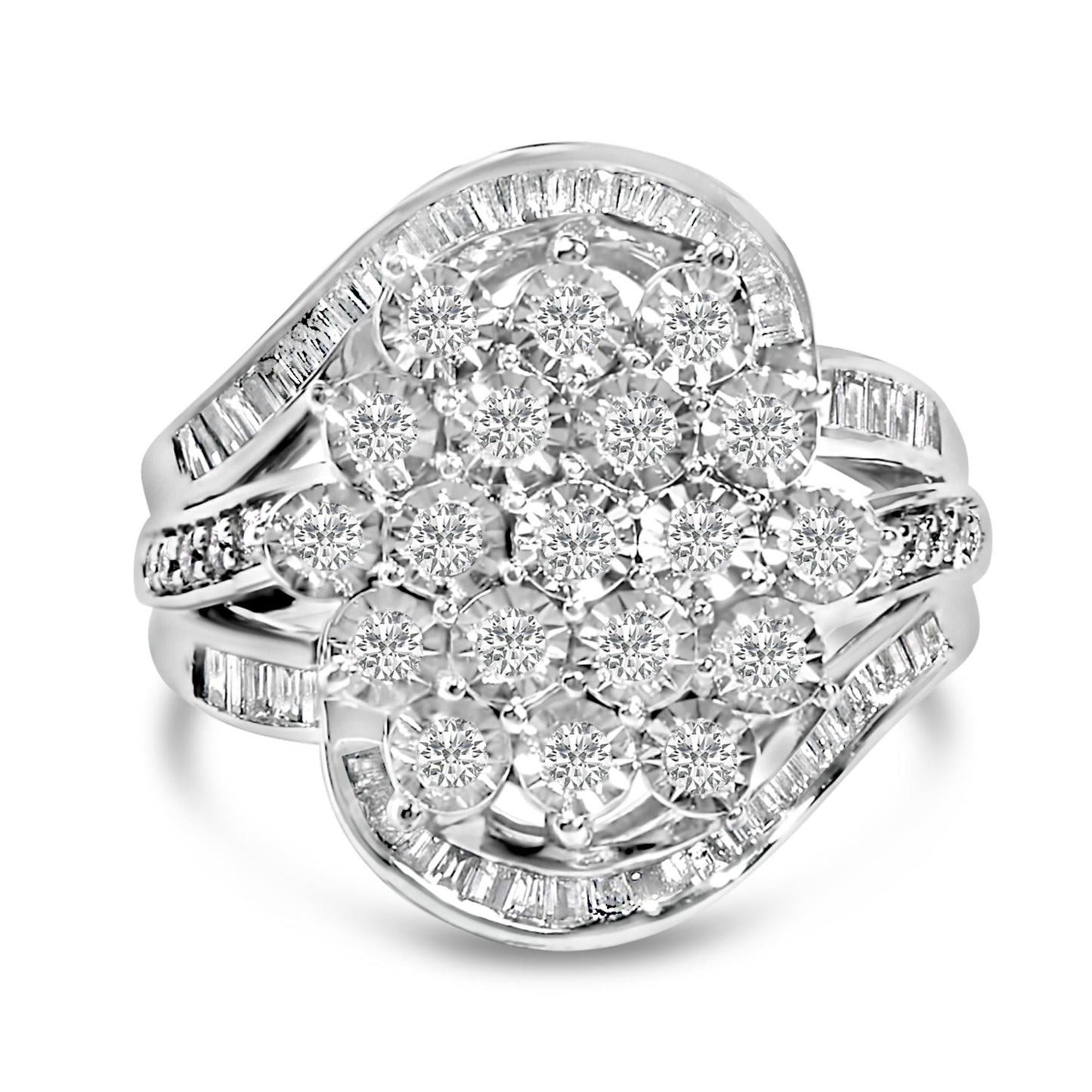 Sterling Silver 1.0 Cttw Diamond Swirl Cluster Cocktail Ring-0