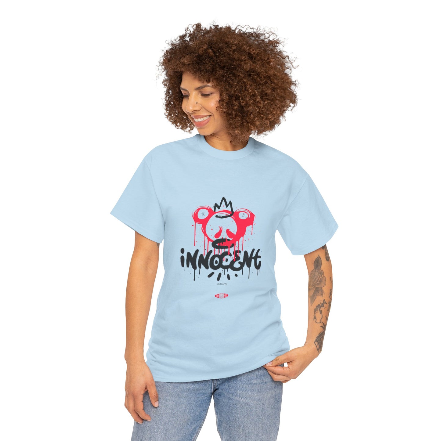 Edgy Graphic Tee: 'Innocent' Design, Urban Fashion, Streetwear, Unisex Cotton T-Shirt, Music Festivals, Casual Wear