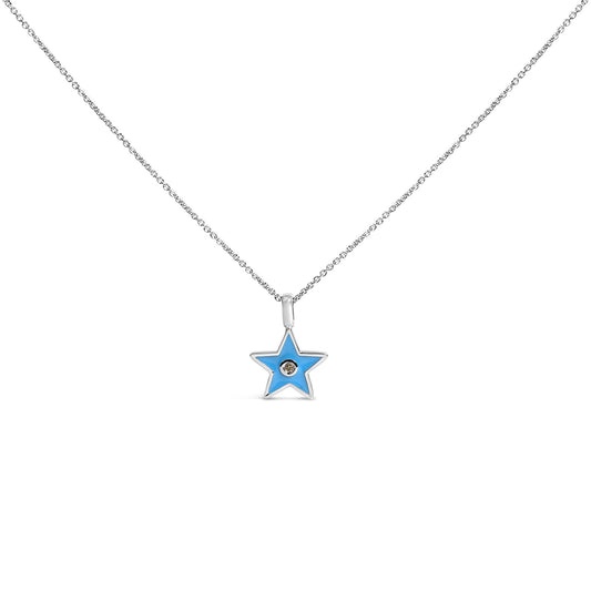 Sterling Silver Blue Enamel and Diamond Accent Star Pendant Necklace-0