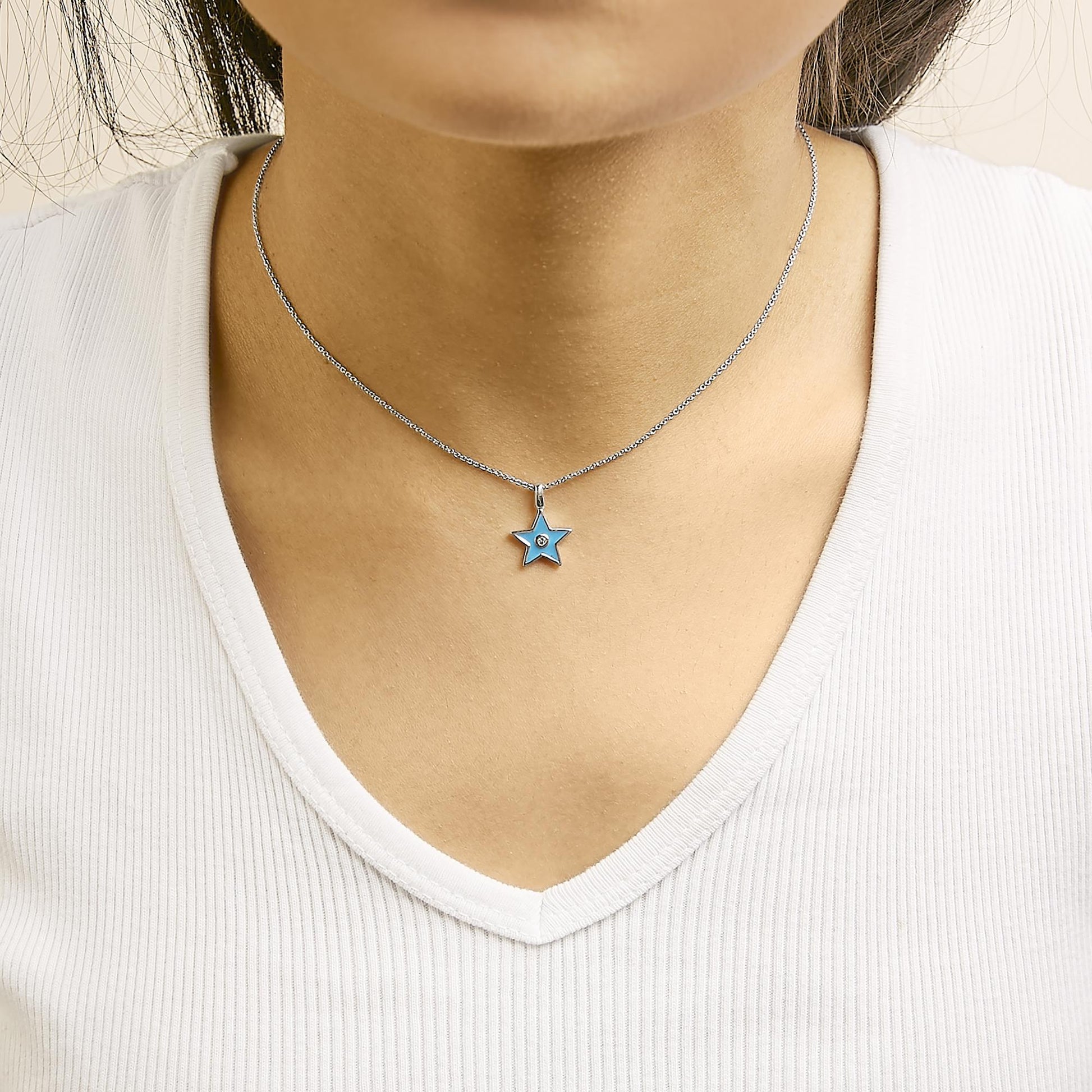 Sterling Silver Blue Enamel and Diamond Accent Star Pendant Necklace-2