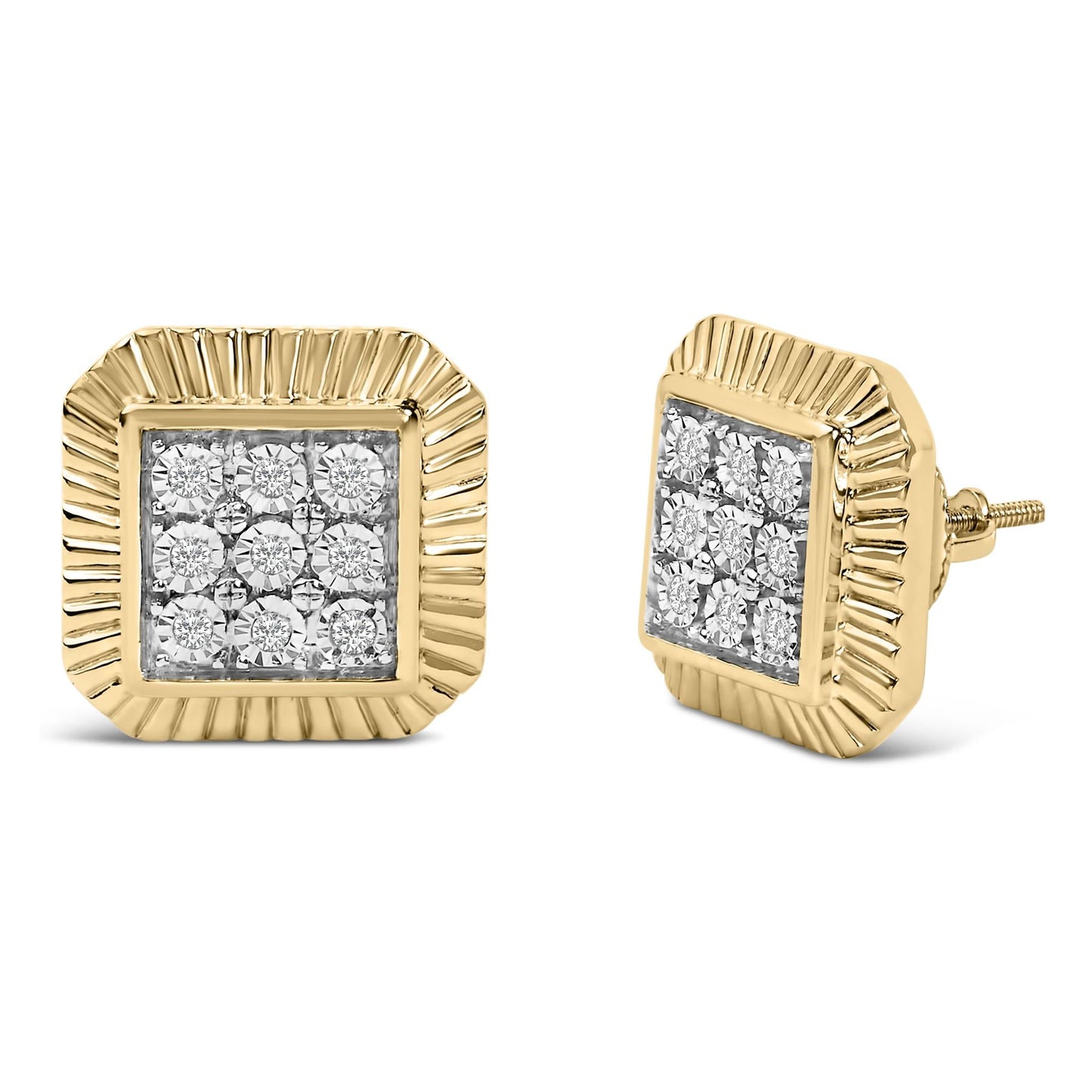 10K Yellow Gold Plated .925 Sterling Silver 1/6 Cttw Diamond Textured Halo Stud Earrings-1