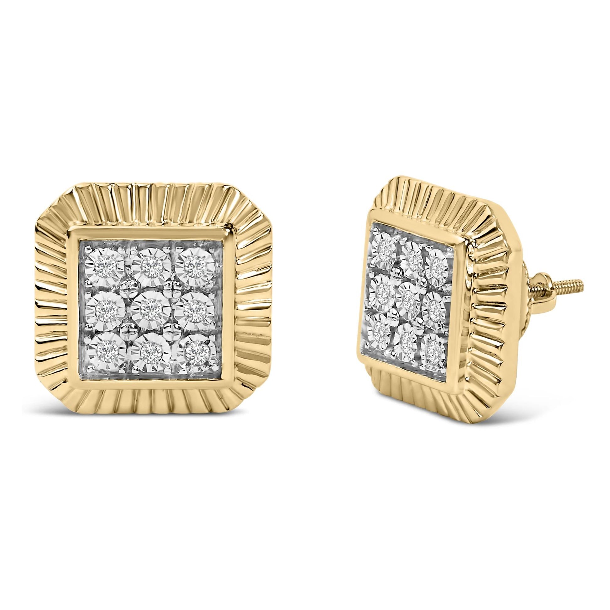 10K Yellow Gold Plated .925 Sterling Silver 1/6 Cttw Diamond Textured Halo Stud Earrings-1