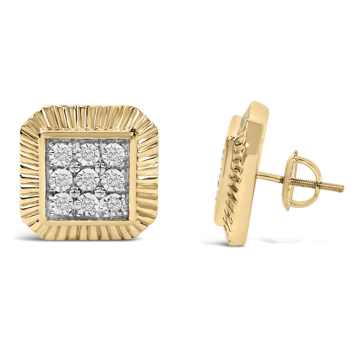 10K Yellow Gold Plated .925 Sterling Silver 1/6 Cttw Diamond Textured Halo Stud Earrings-3