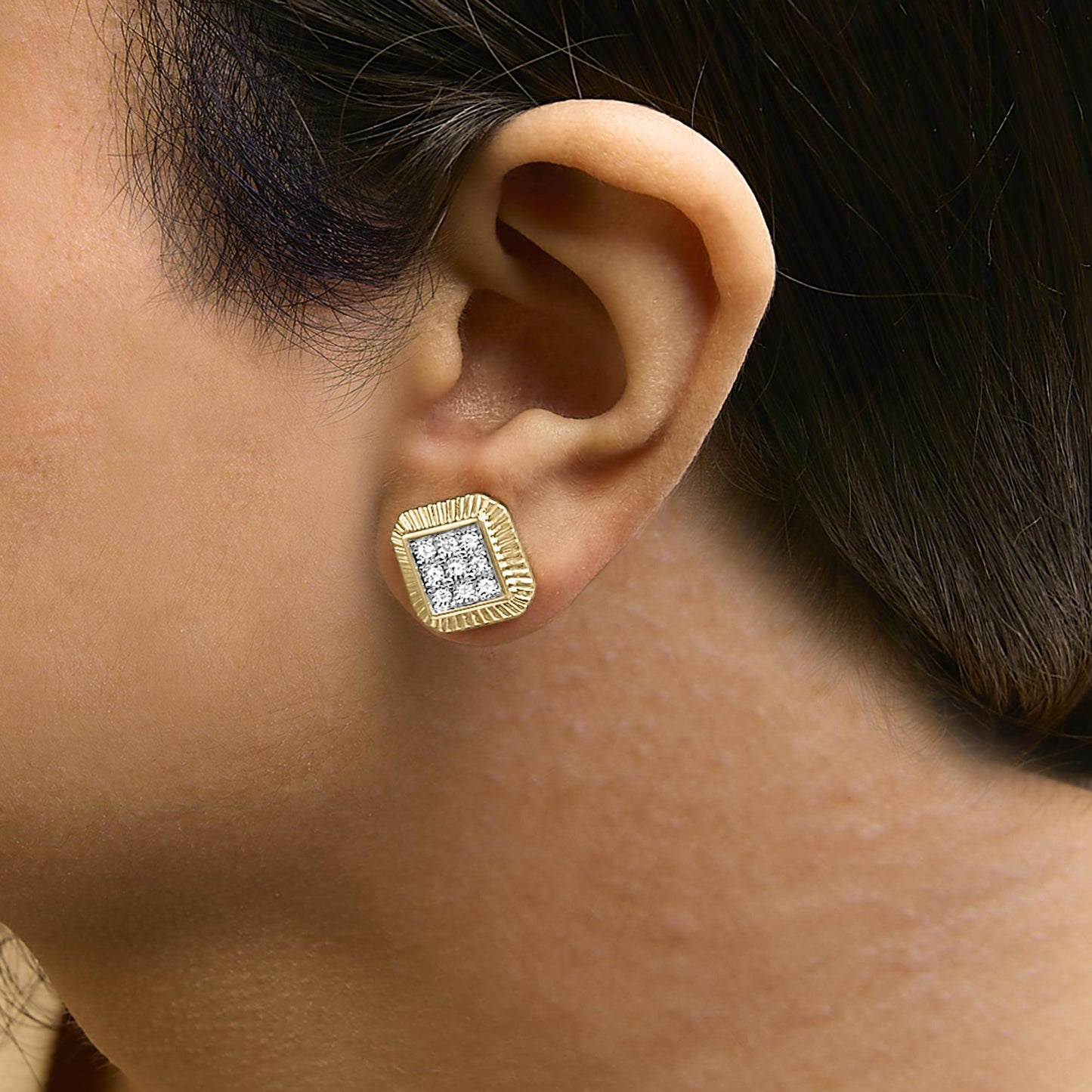 10K Yellow Gold Plated .925 Sterling Silver 1/6 Cttw Diamond Textured Halo Stud Earrings-2