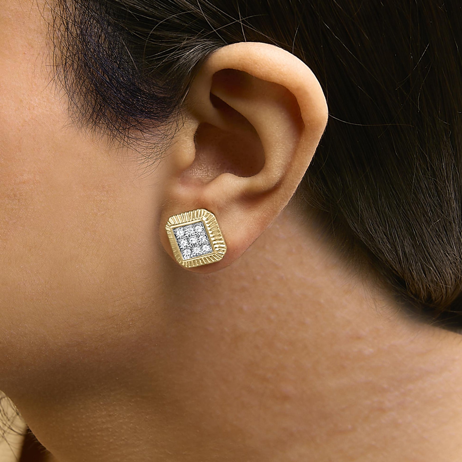 10K Yellow Gold Plated .925 Sterling Silver 1/6 Cttw Diamond Textured Halo Stud Earrings-2