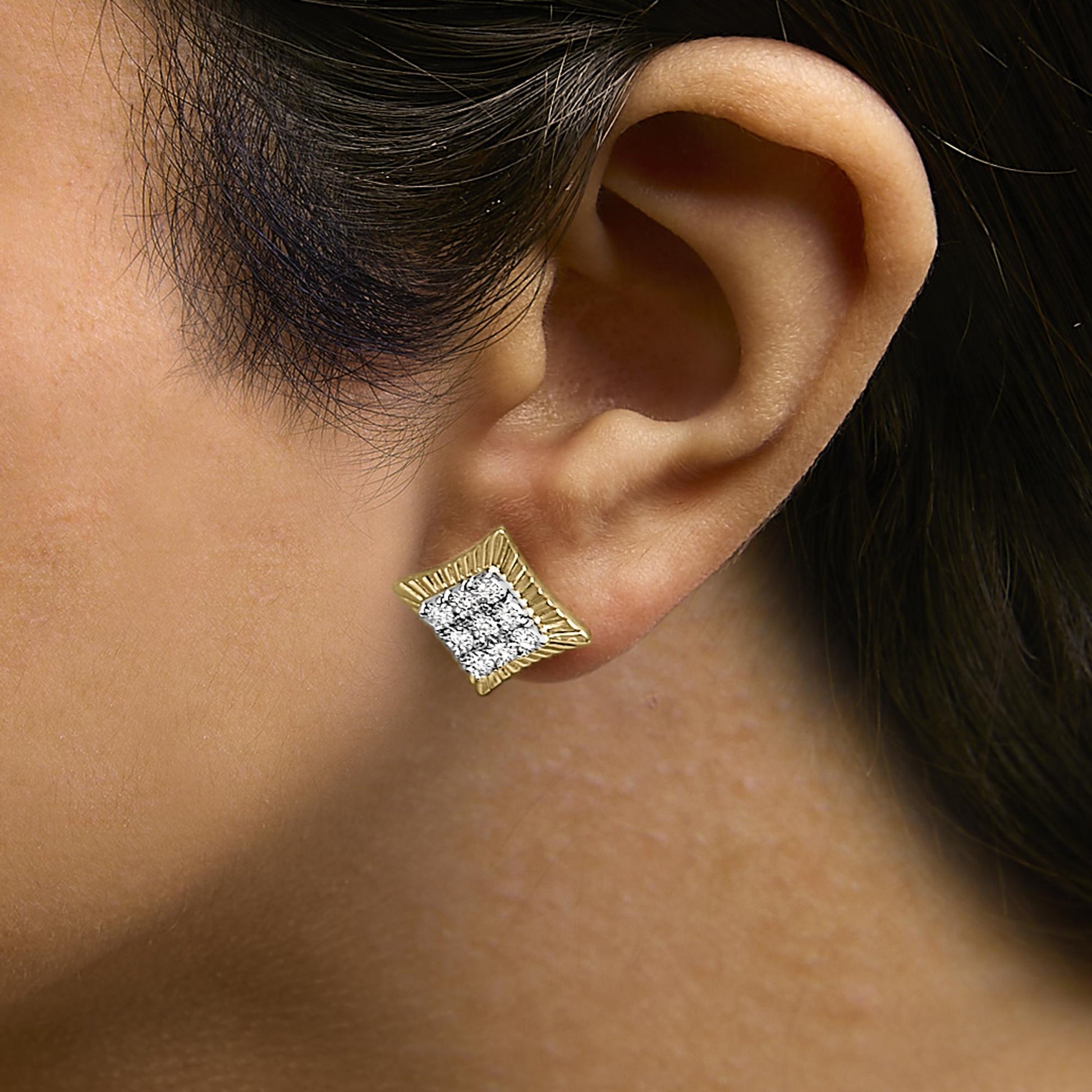 10K Yellow Gold Plated .925 Sterling Silver 1/4 Cttw Diamond Textured Halo Stud Earrings-2