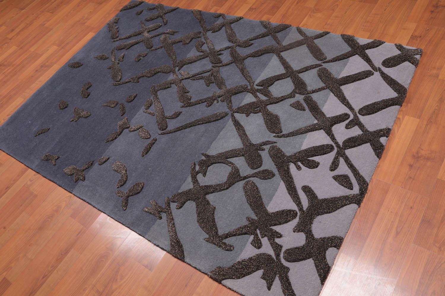 4'8" x 6’8" Handmade High Low Pile 100% Wool Area rug Modern Gray-0
