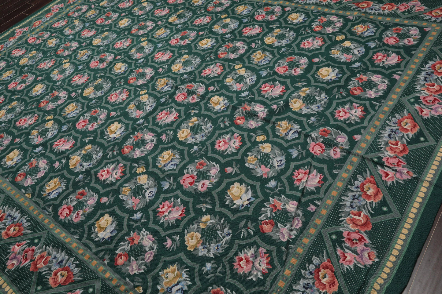 Hand Woven 100% Wool Floral French Aubusson Needlepoint Area Rug Green 9' x 12'-2