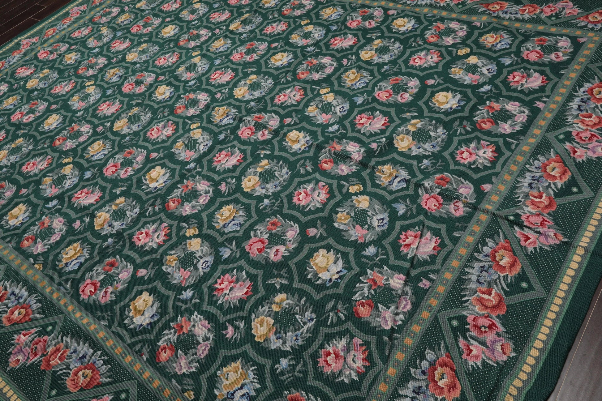Hand Woven 100% Wool Floral French Aubusson Needlepoint Area Rug Green 9' x 12'-2