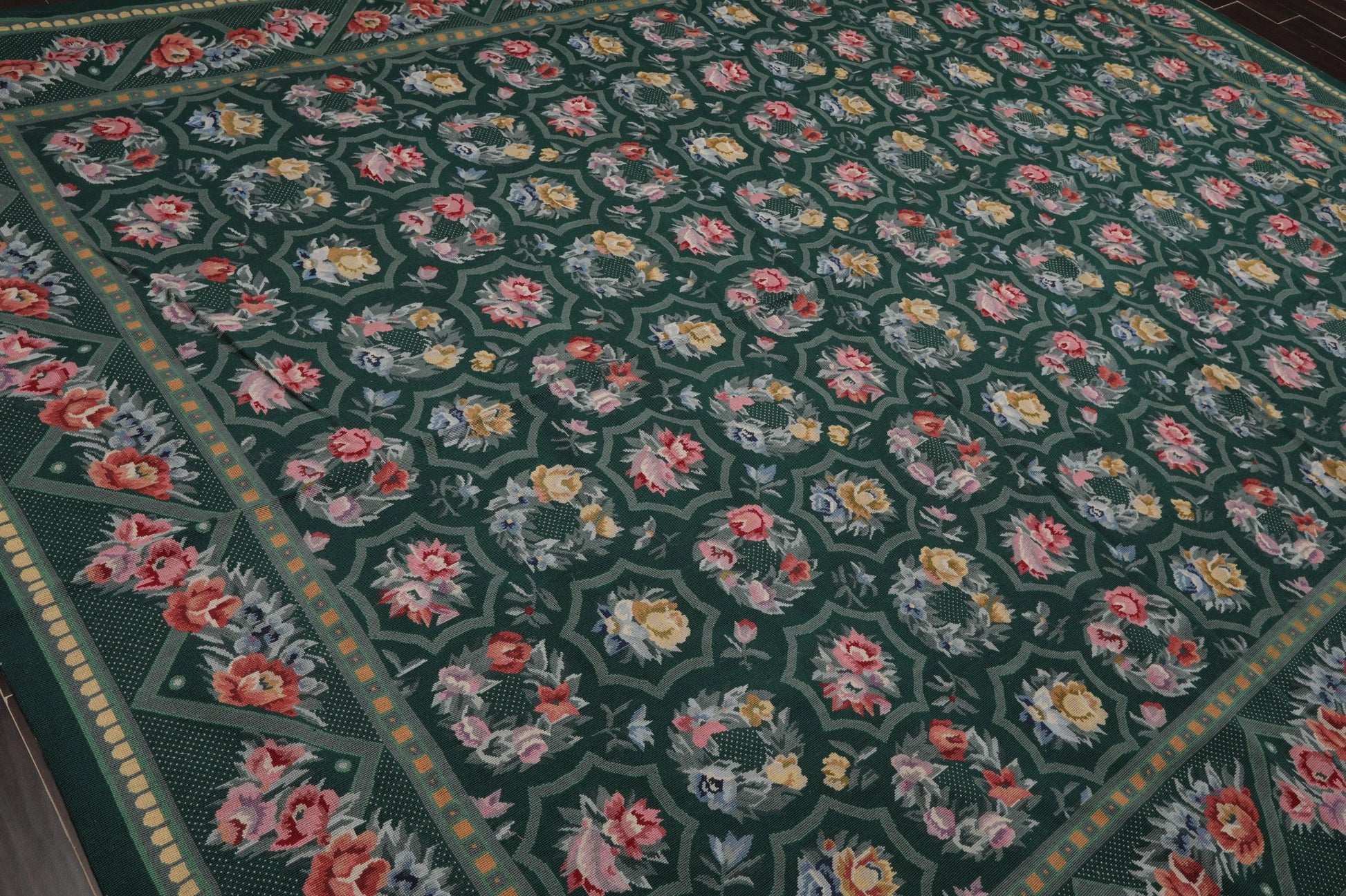 Hand Woven 100% Wool Floral French Aubusson Needlepoint Area Rug Green 9' x 12'-3