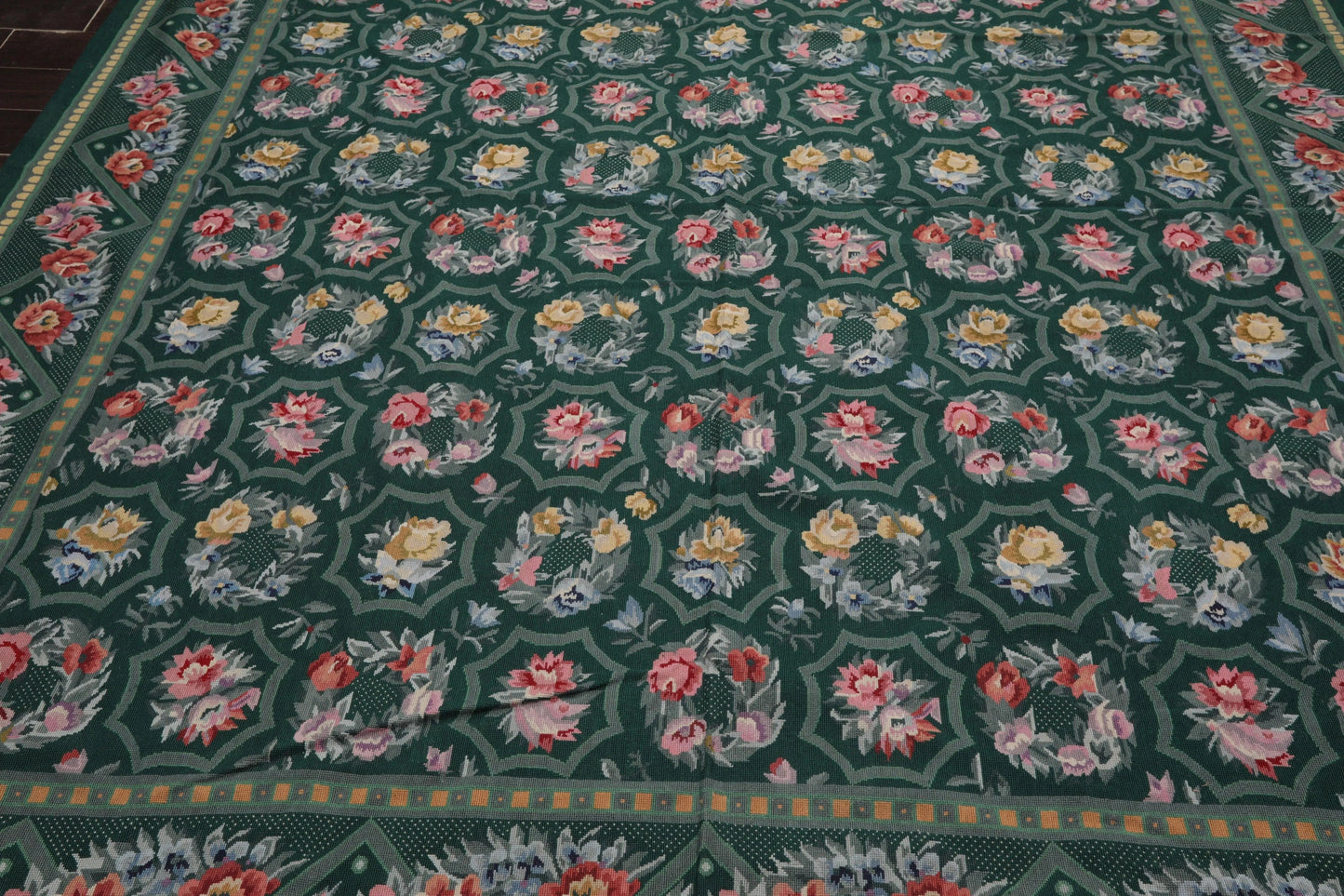 Hand Woven 100% Wool Floral French Aubusson Needlepoint Area Rug Green 9' x 12'-4