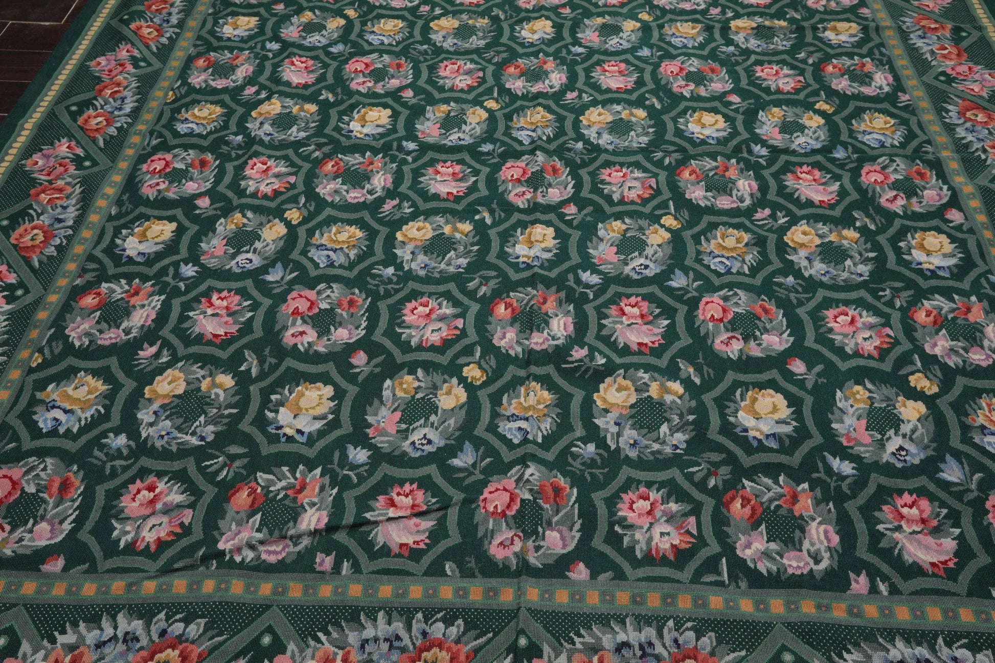 Hand Woven 100% Wool Floral French Aubusson Needlepoint Area Rug Green 9' x 12'-4