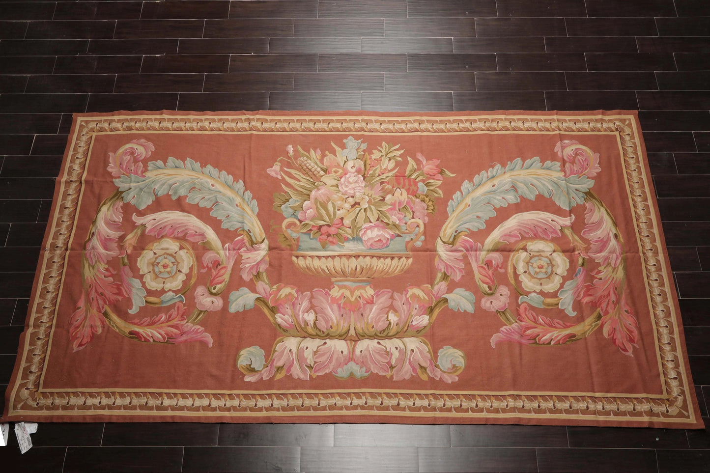 French Aubusson Hand Woven 100% Wool Traditional Scrolls Area Rug Rose 6'x12'-2
