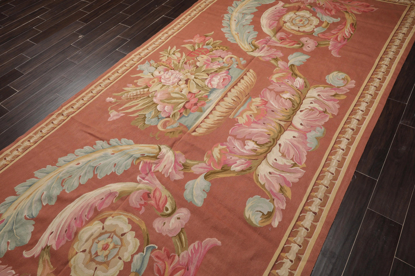 French Aubusson Hand Woven 100% Wool Traditional Scrolls Area Rug Rose 6'x12'-3