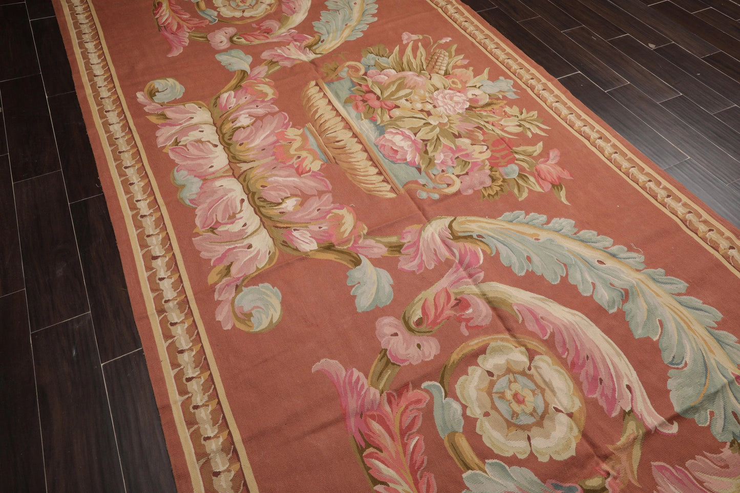 French Aubusson Hand Woven 100% Wool Traditional Scrolls Area Rug Rose 6'x12'-4