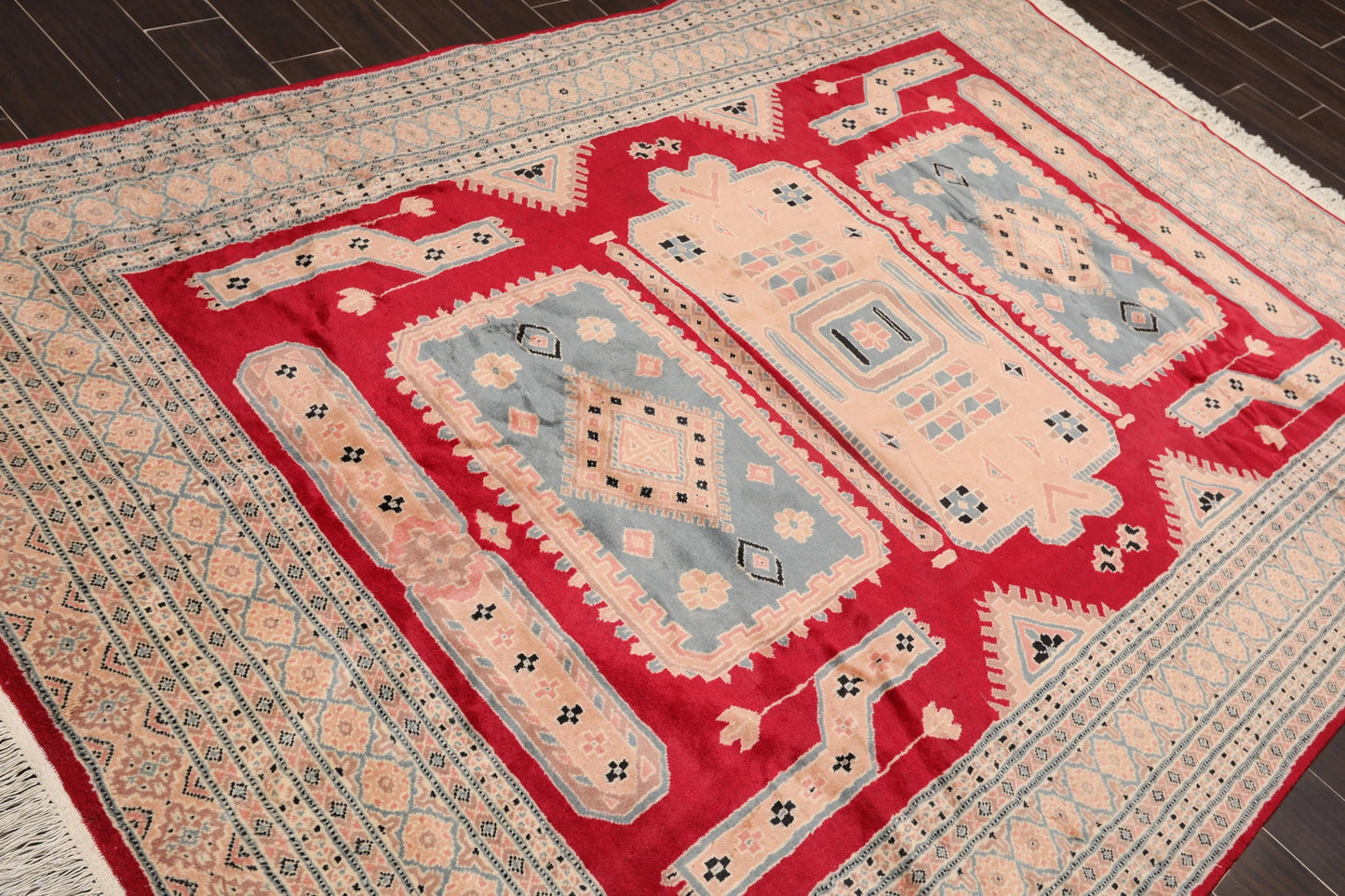 6'x9' Red  Rose  Blue, Navy, Tan, Multi Color Hand Woven Persian Oriental Area Rug Wool Traditional Oriental Rug-1