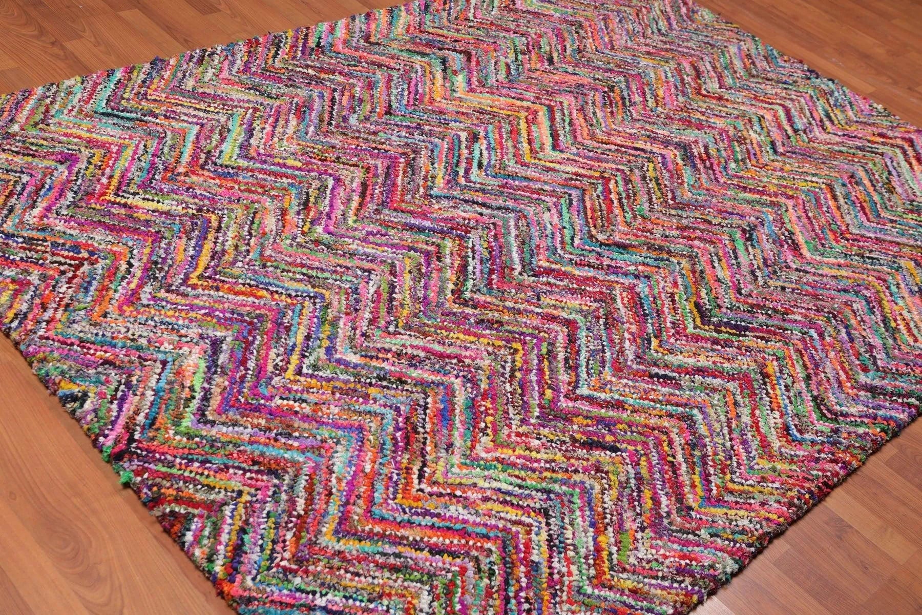 5x8 Pink Hand Tufted Handmade Zig-Zag Medley Cotton Boho Modern Oriental Area Rug-3
