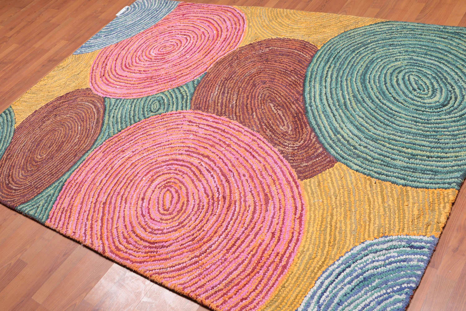 5' 4''x7' 6'' Hand Tufted Cotton Circle Medley Multi Color Cotton Area Rug  Oriental Area Rug Pink, Gold Color-2