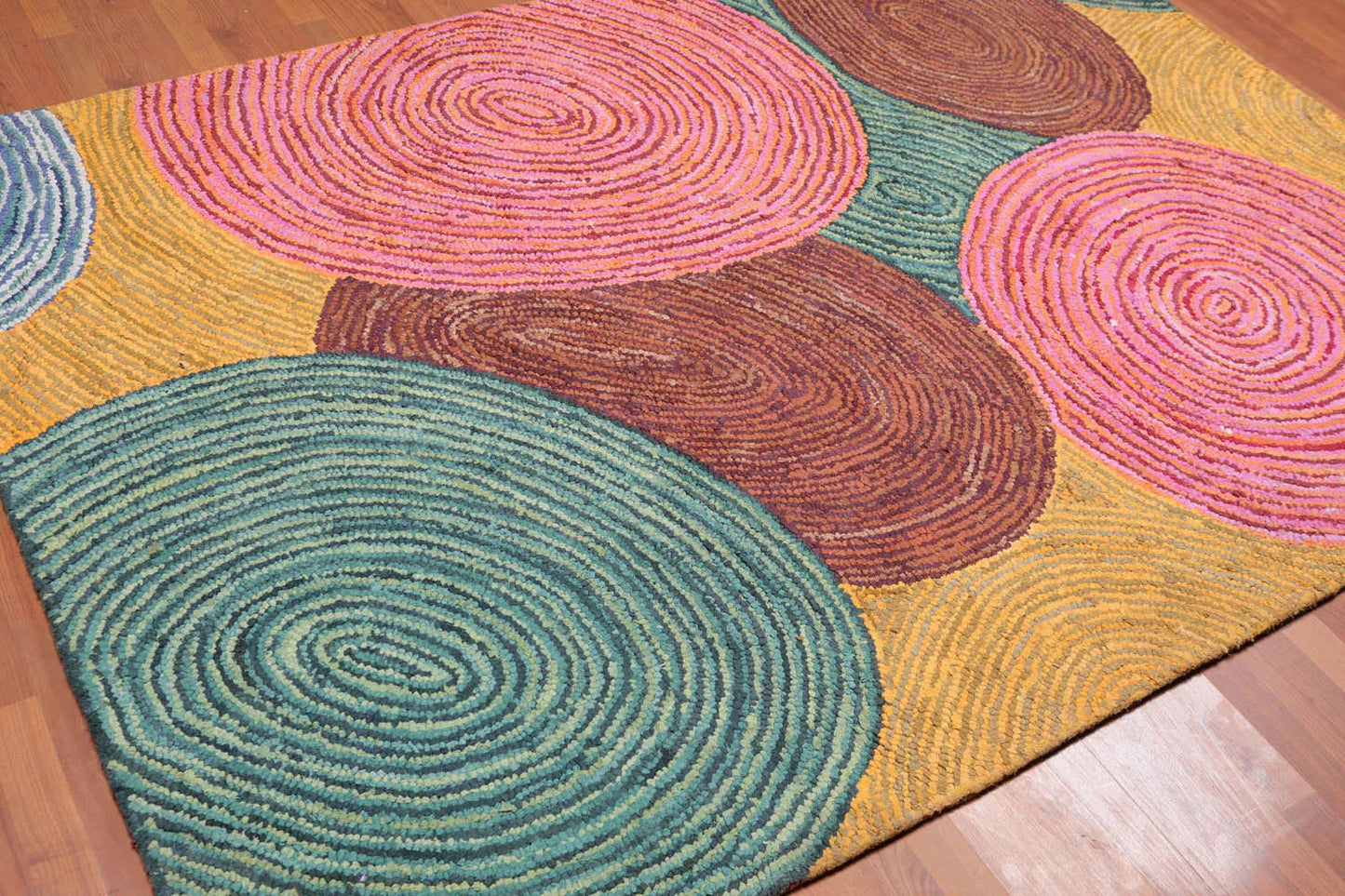 5' 4''x7' 6'' Hand Tufted Cotton Circle Medley Multi Color Cotton Area Rug  Oriental Area Rug Pink, Gold Color-3