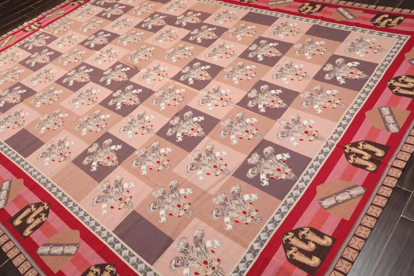 9' x 12' Hand Woven Wool French Aubusson Flatweave Area Rug Rose-2