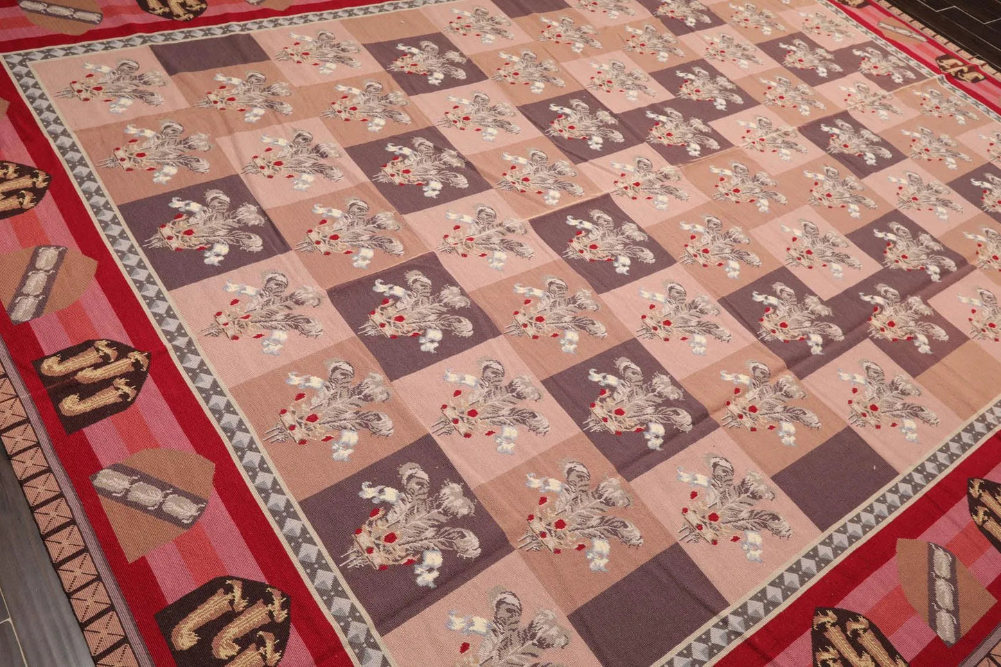 9' x 12' Hand Woven Wool French Aubusson Flatweave Area Rug Rose-3