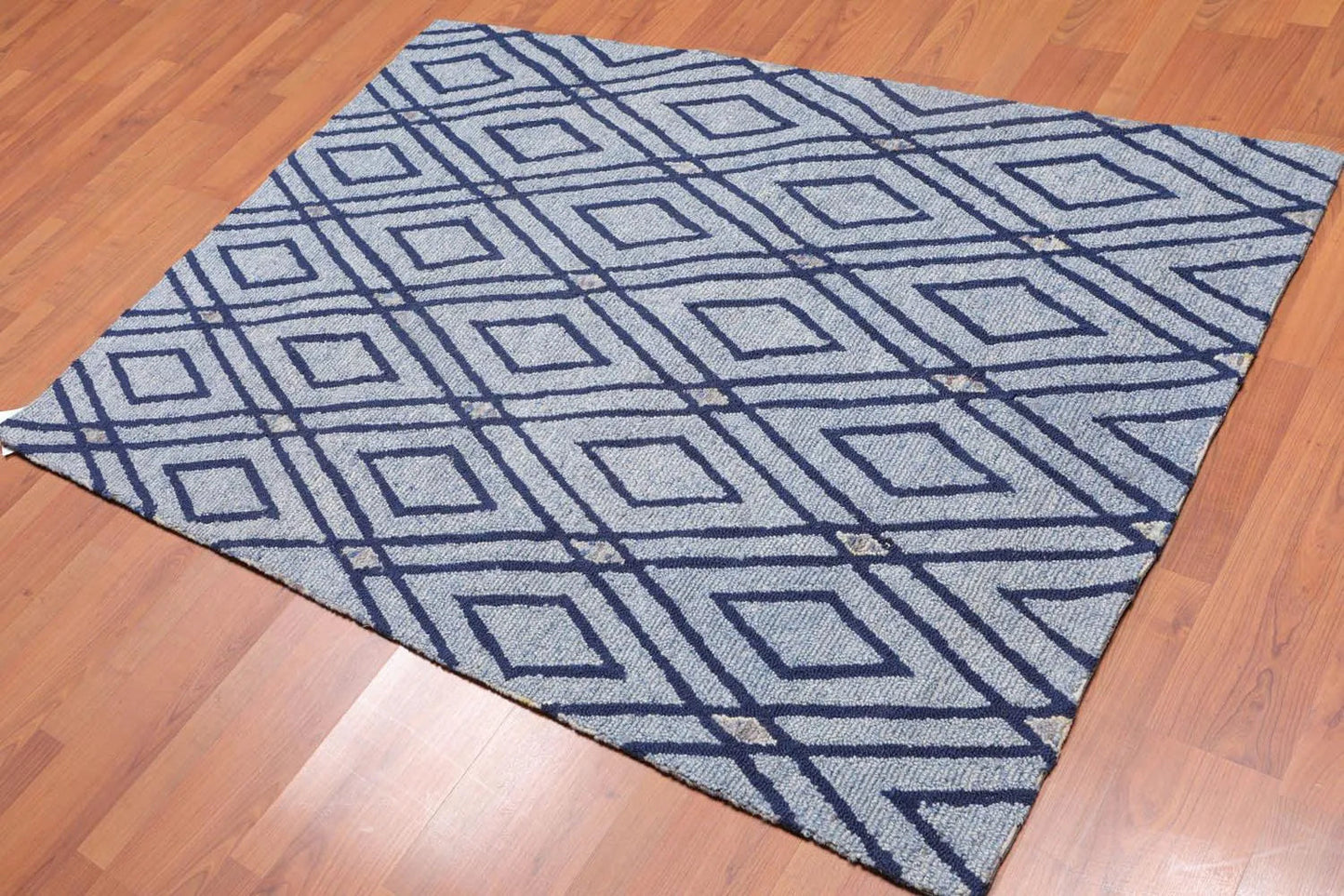 4' x 6' Handmade Loop Pile Diamond Wool Oriental Area rug Contemporary Blue-0