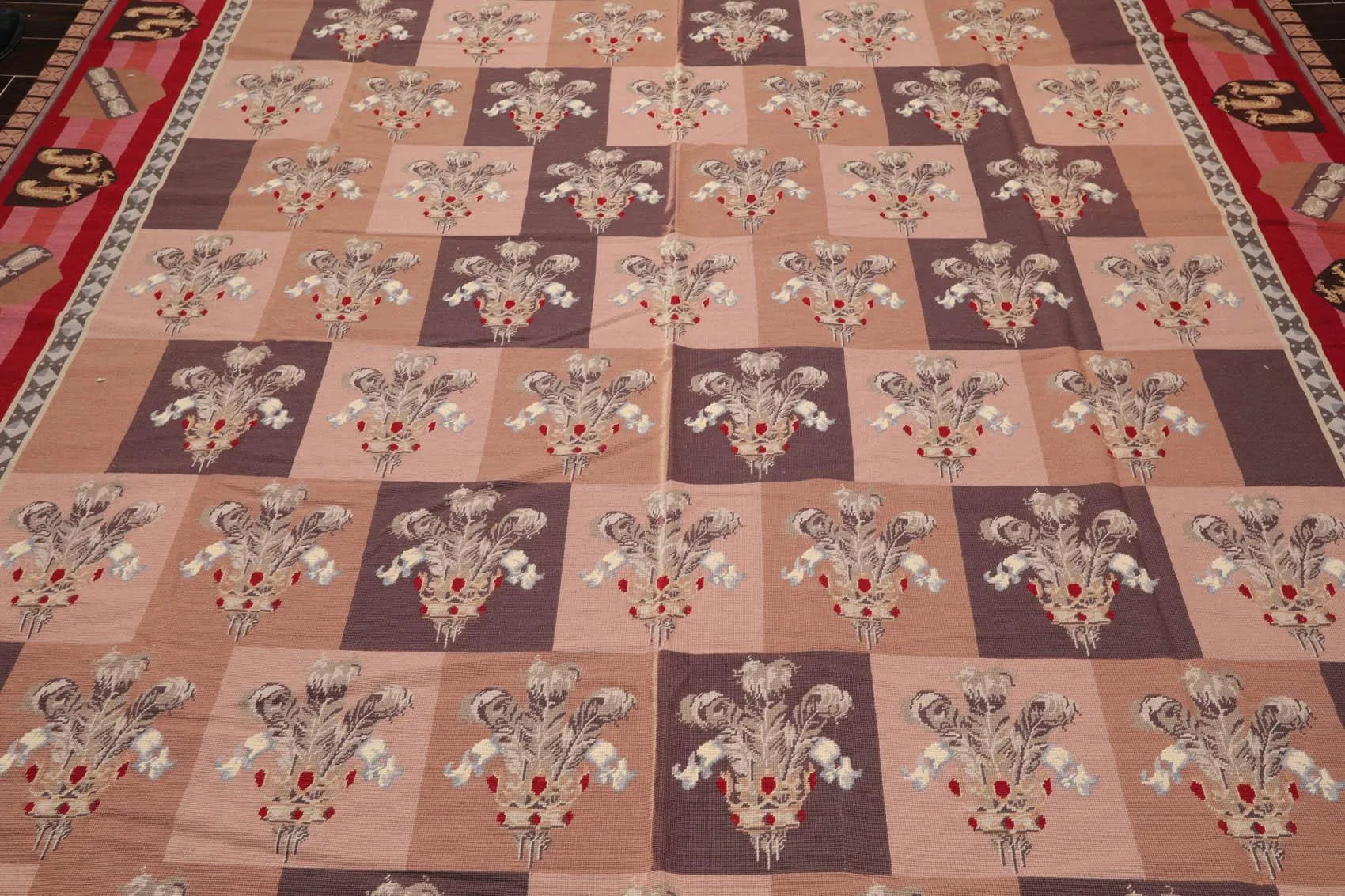 9' x 12' Hand Woven Wool French Aubusson Flatweave Area Rug Rose-4