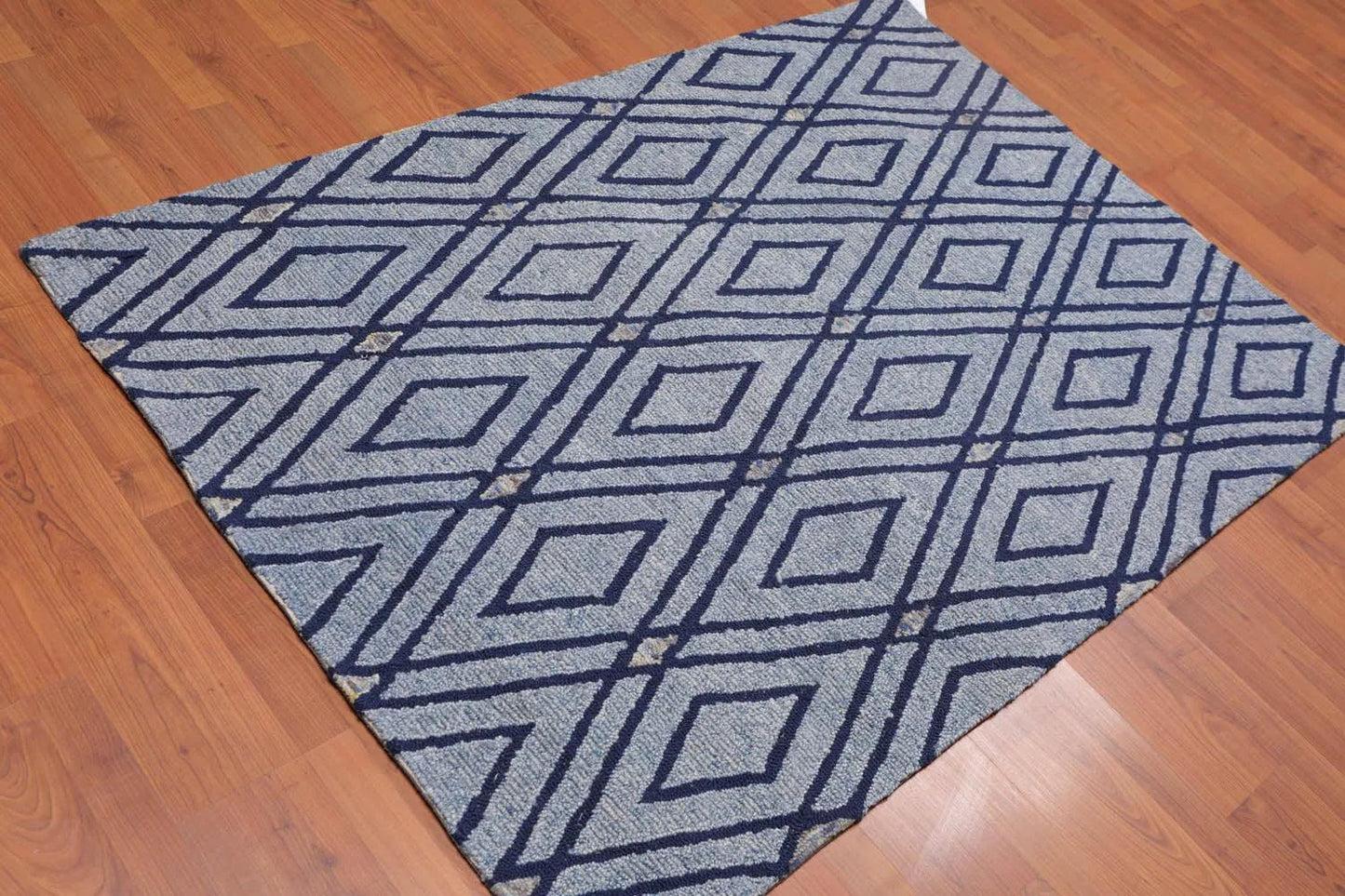 4' x 6' Handmade Loop Pile Diamond Wool Oriental Area rug Contemporary Blue-1