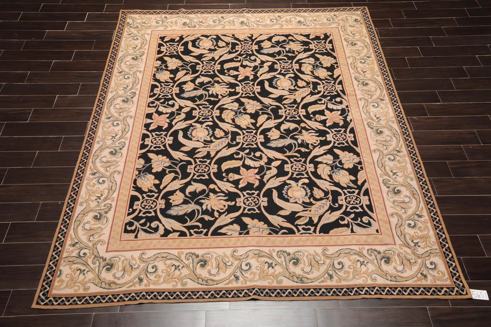 8'x10' Hand Woven Wool French Aubusson Botanical Flatweave Area Rug Black-1