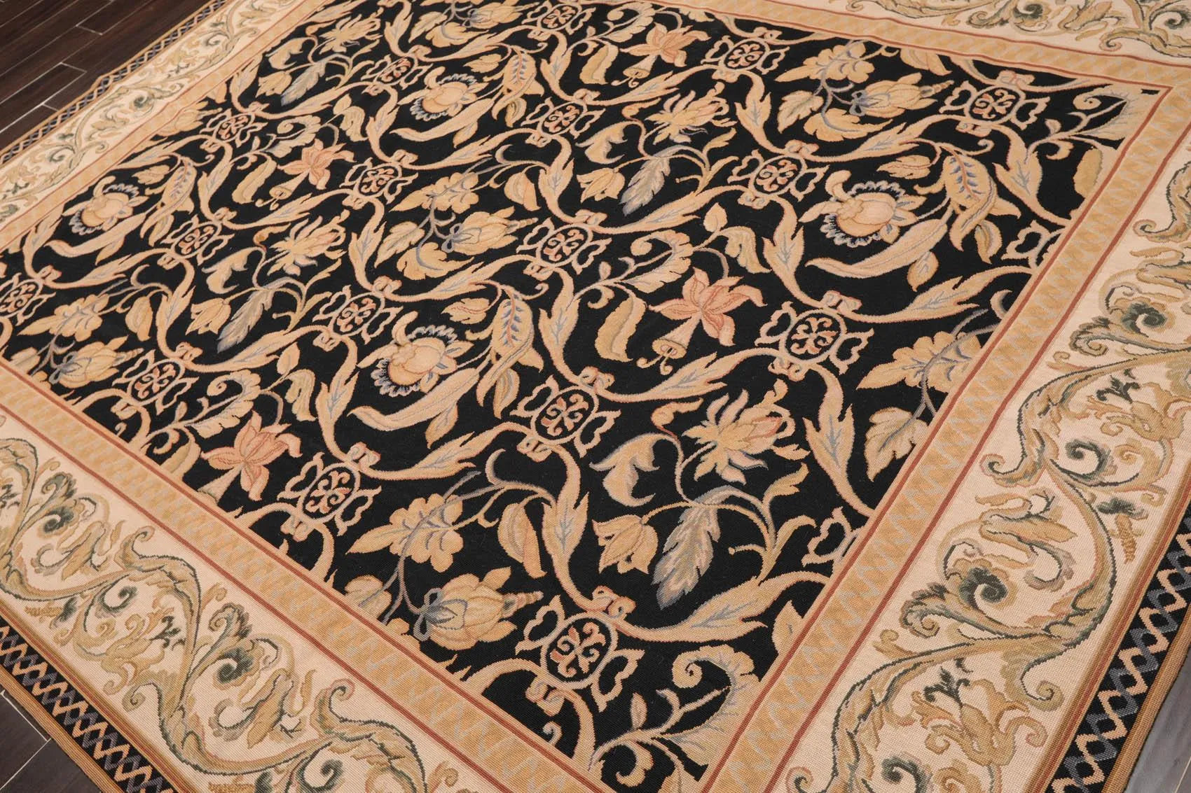 8'x10' Hand Woven Wool French Aubusson Botanical Flatweave Area Rug Black-2
