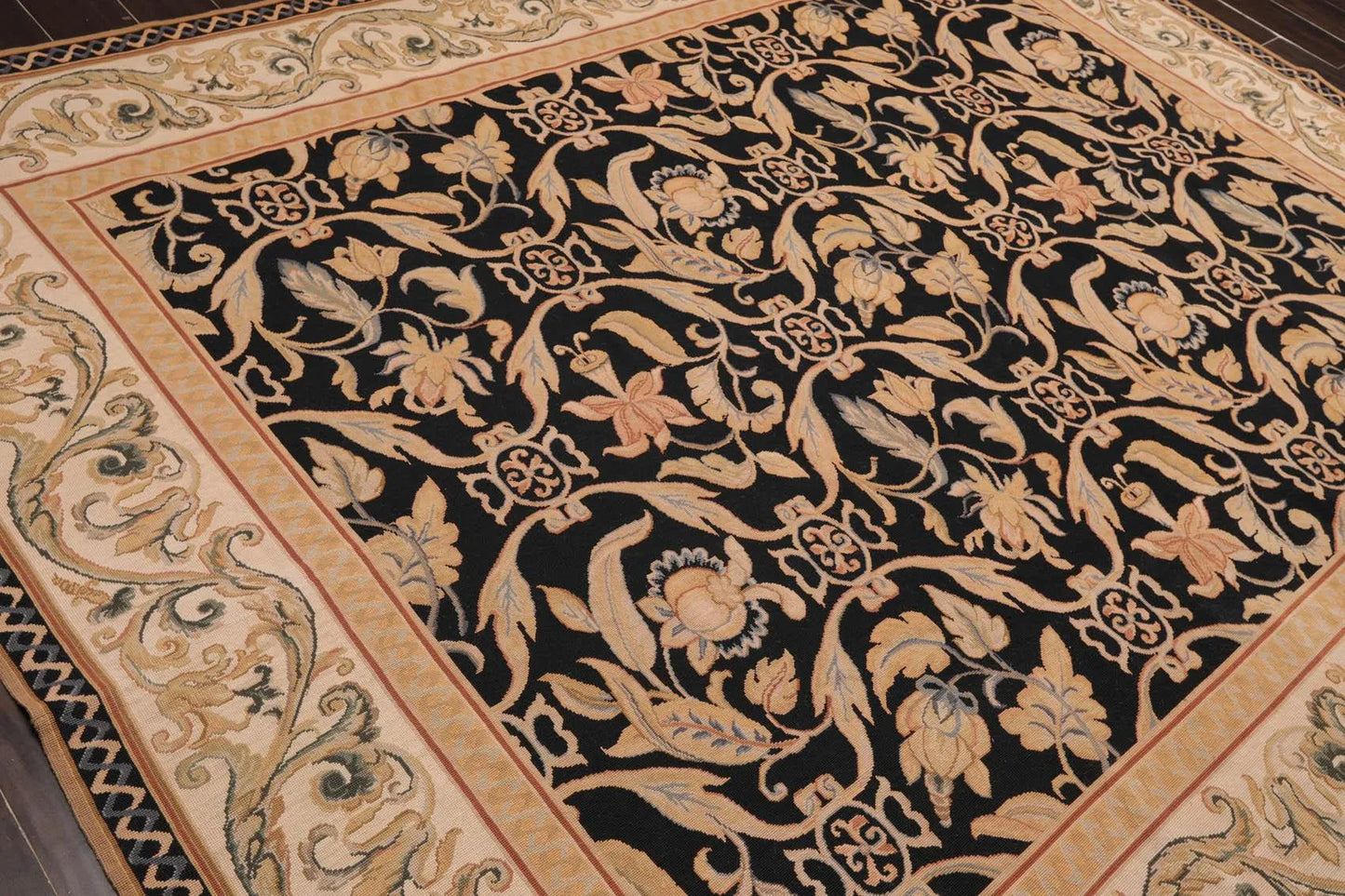 8'x10' Hand Woven Wool French Aubusson Botanical Flatweave Area Rug Black-3