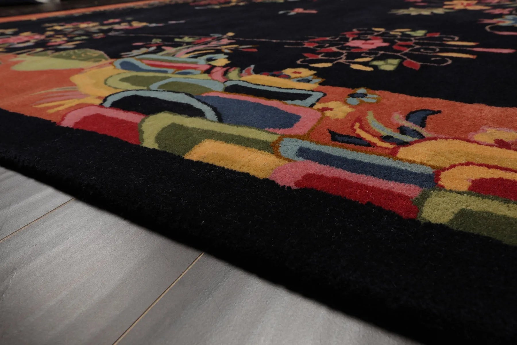 LoomBloom  Multi Sizes Black Hand Tufted Floral Chinese Art Deco New Zealand Wool Oriental Area Rug-4