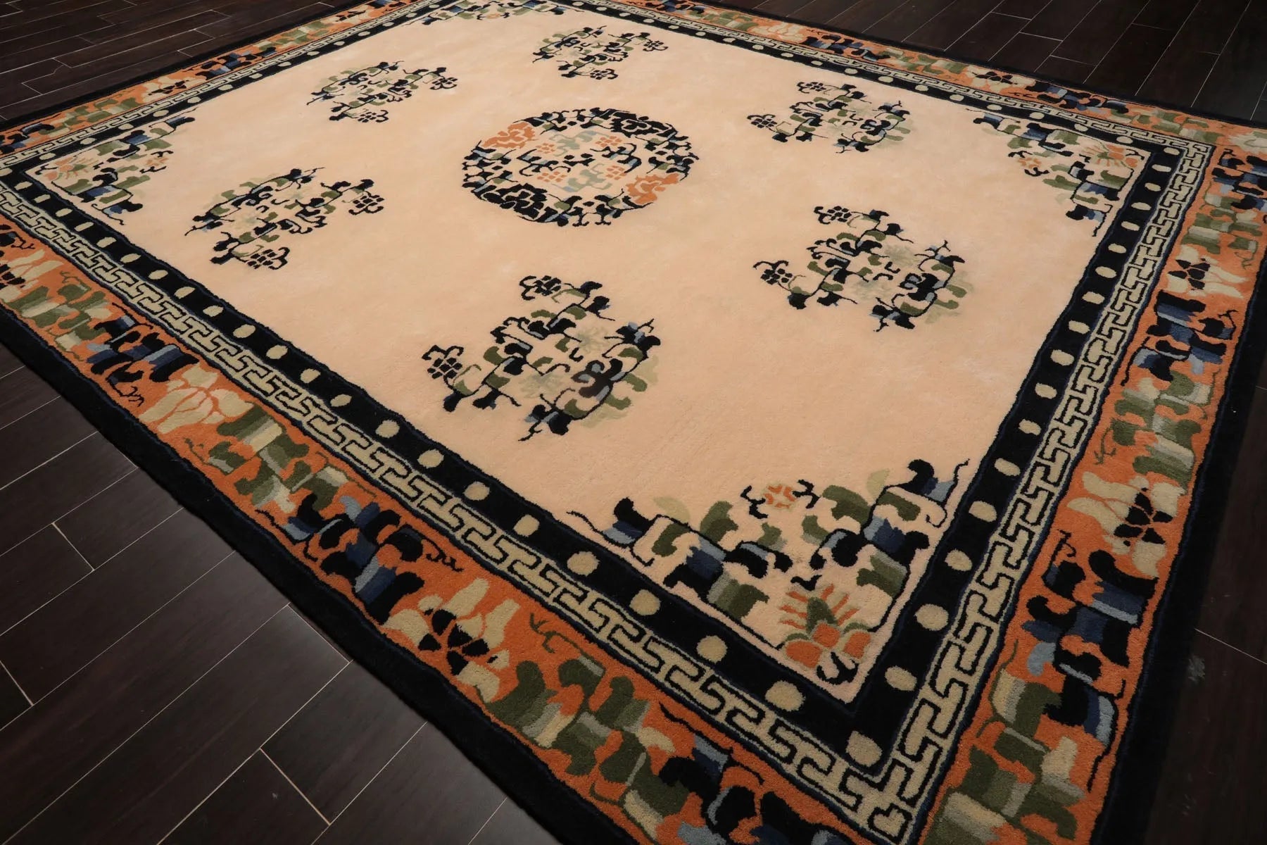 LoomBloom Multi Sizes Beige with Peach Undertone Hand Tufted Medallion Chinese Art Deco New Zealand Wool Oriental Area Rug-4