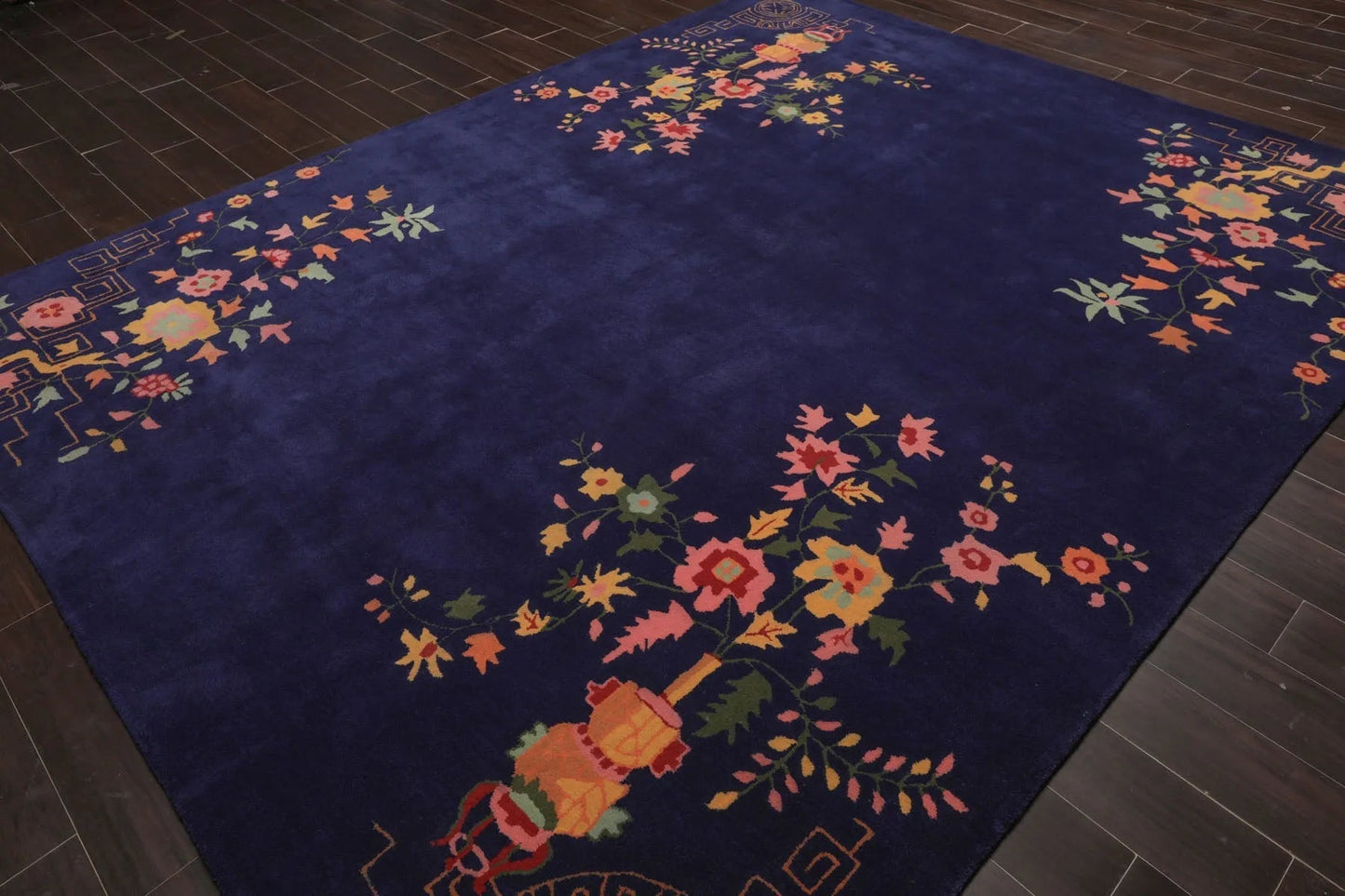 LoomBloom Multi Sizes Navy Hand Tufted Floral Chinese Art Deco New Zealand Wool Oriental Area Rug-4