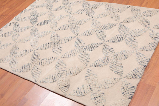4'8" x 6'8" Handmade High Low Pile Wool Loop & Cut Area rug Contemporary Beige-0