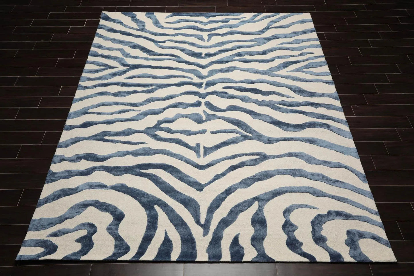 Multi Sizes Handmade Wool & Faux Silk Animal Print Zebra Area Rug Ivory Blue-1