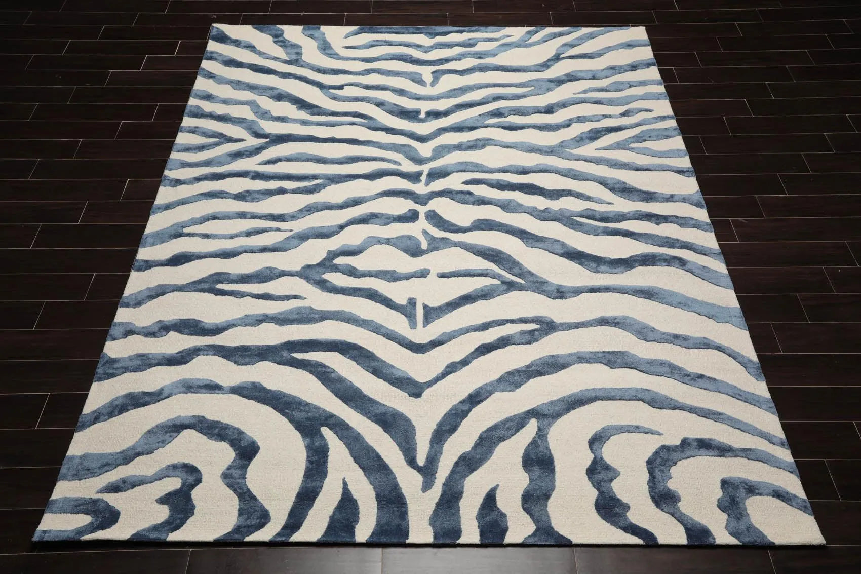 Multi Sizes Handmade Wool & Faux Silk Animal Print Zebra Area Rug Ivory Blue-1