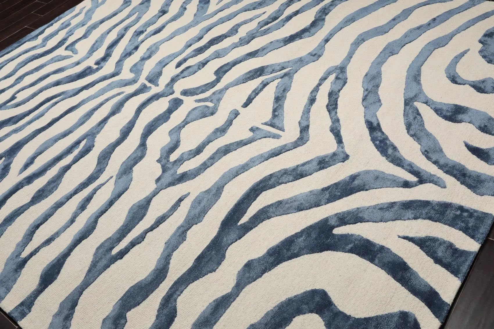 Multi Sizes Handmade Wool & Faux Silk Animal Print Zebra Area Rug Ivory Blue-2