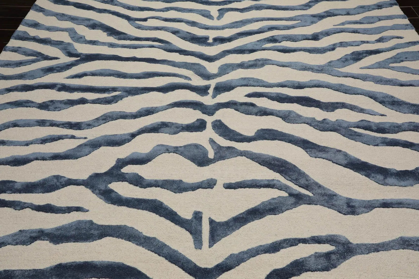 Multi Sizes Handmade Wool & Faux Silk Animal Print Zebra Area Rug Ivory Blue-3