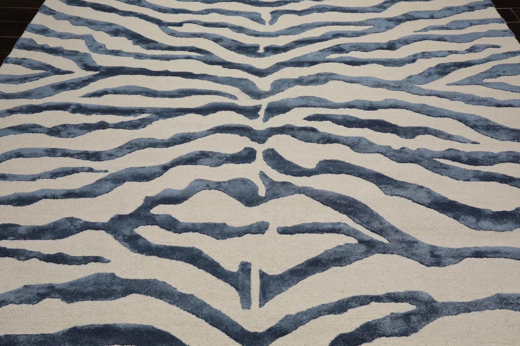 Multi Sizes Handmade Wool & Faux Silk Animal Print Zebra Area Rug Ivory Blue-3