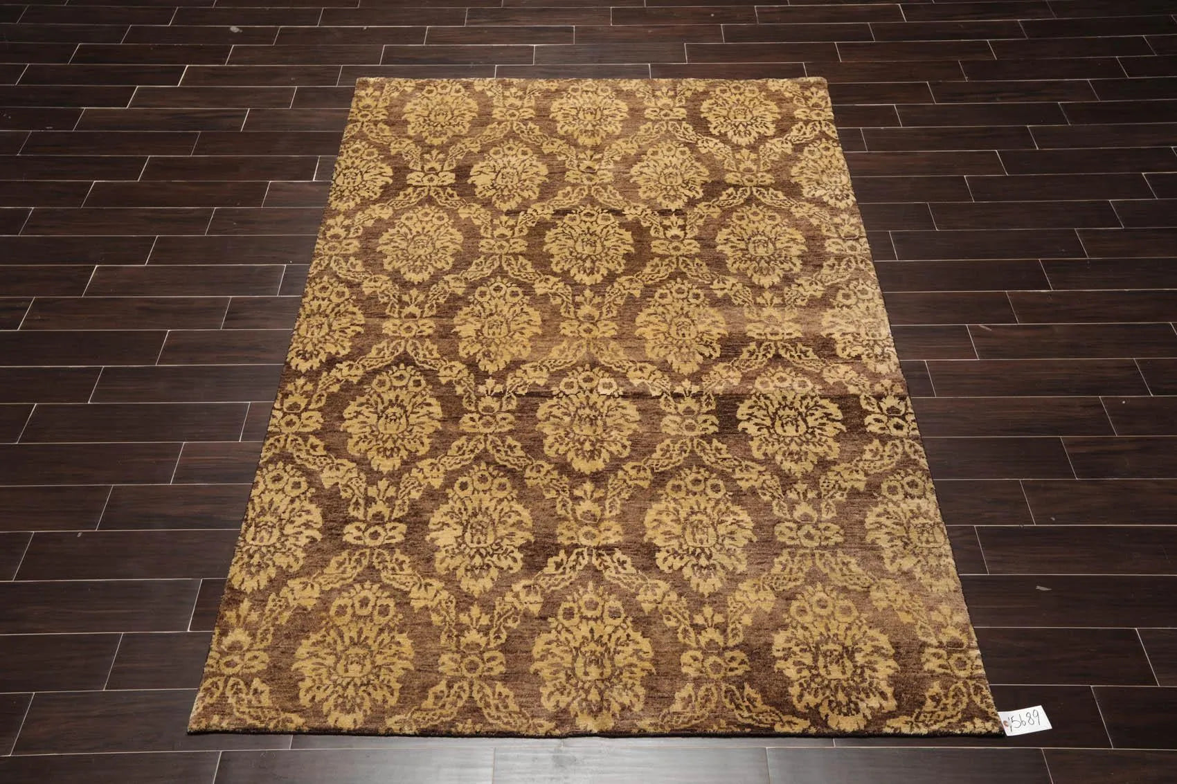 6' x 9' Hand Knotted New Zealand Wool Damask Area Rug Brown Light Gold Antique-1
