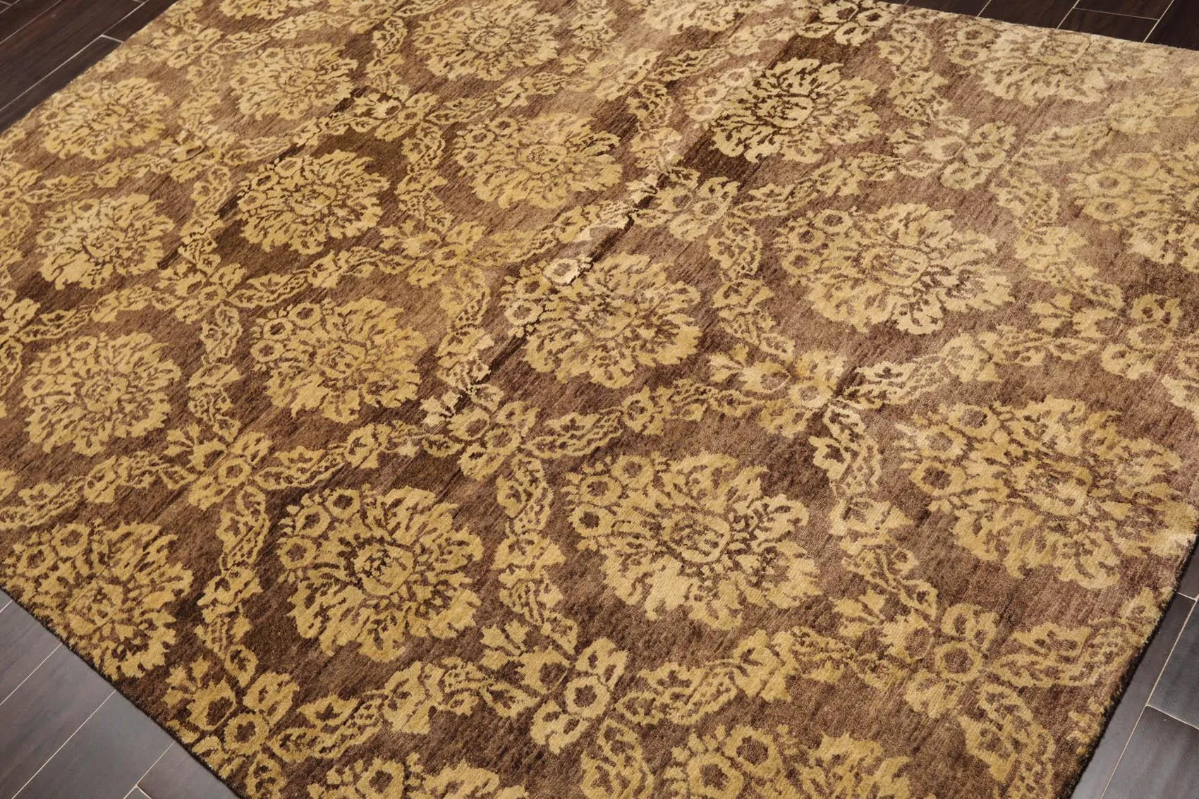 6' x 9' Hand Knotted New Zealand Wool Damask Area Rug Brown Light Gold Antique-2