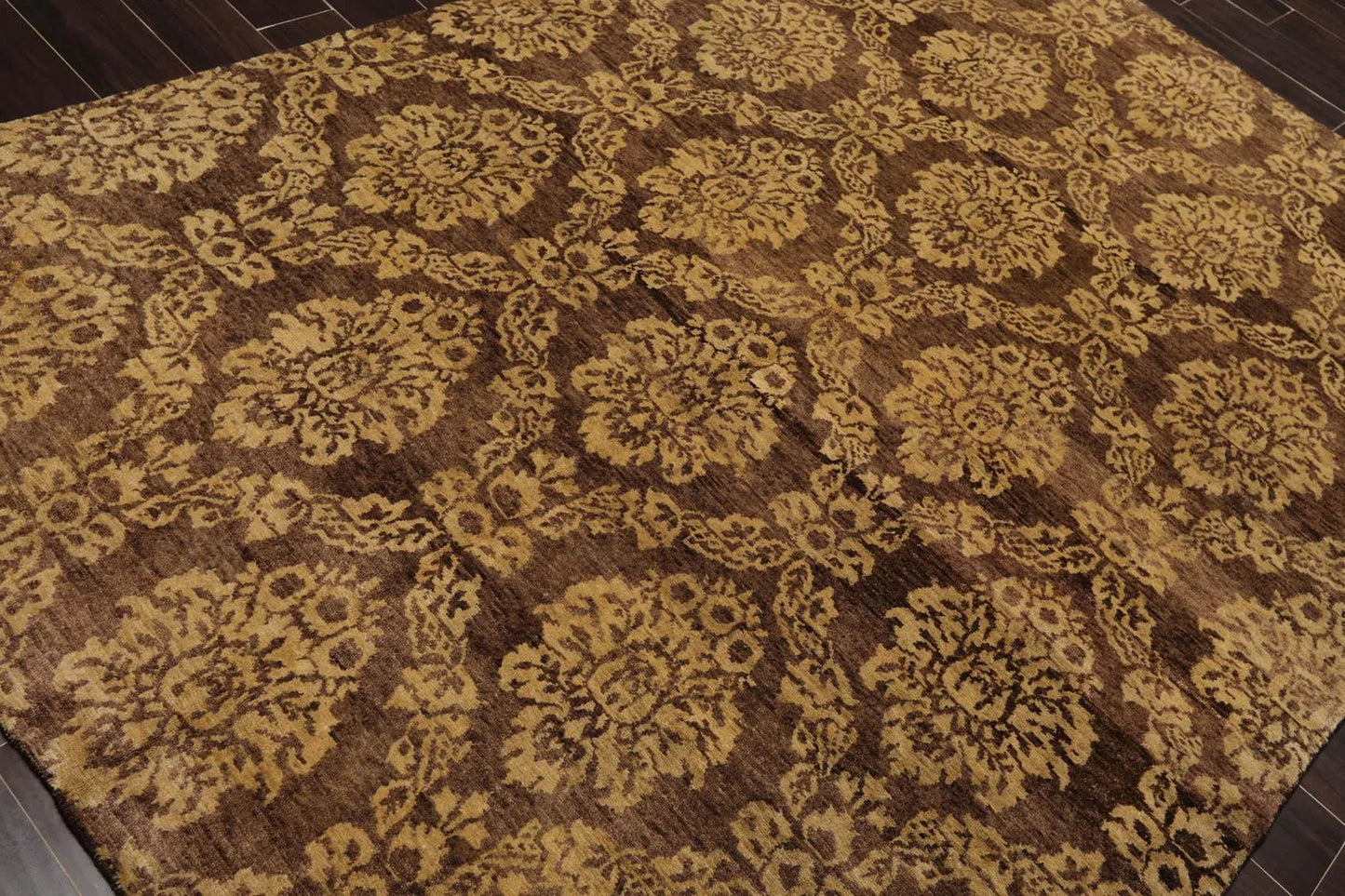6' x 9' Hand Knotted New Zealand Wool Damask Area Rug Brown Light Gold Antique-3