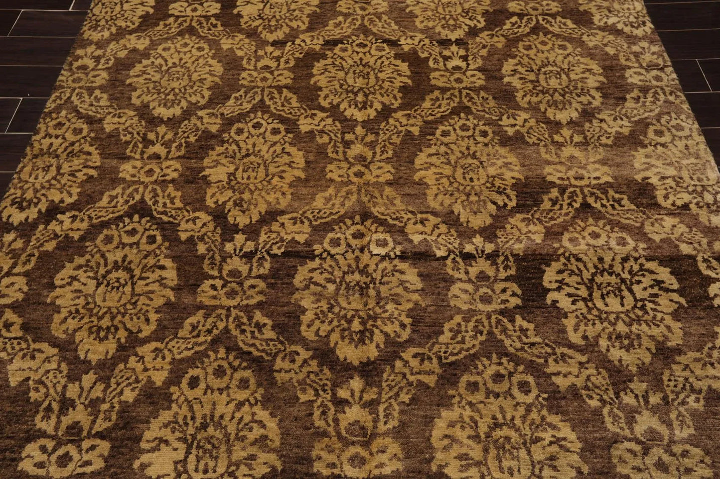 6' x 9' Hand Knotted New Zealand Wool Damask Area Rug Brown Light Gold Antique-4