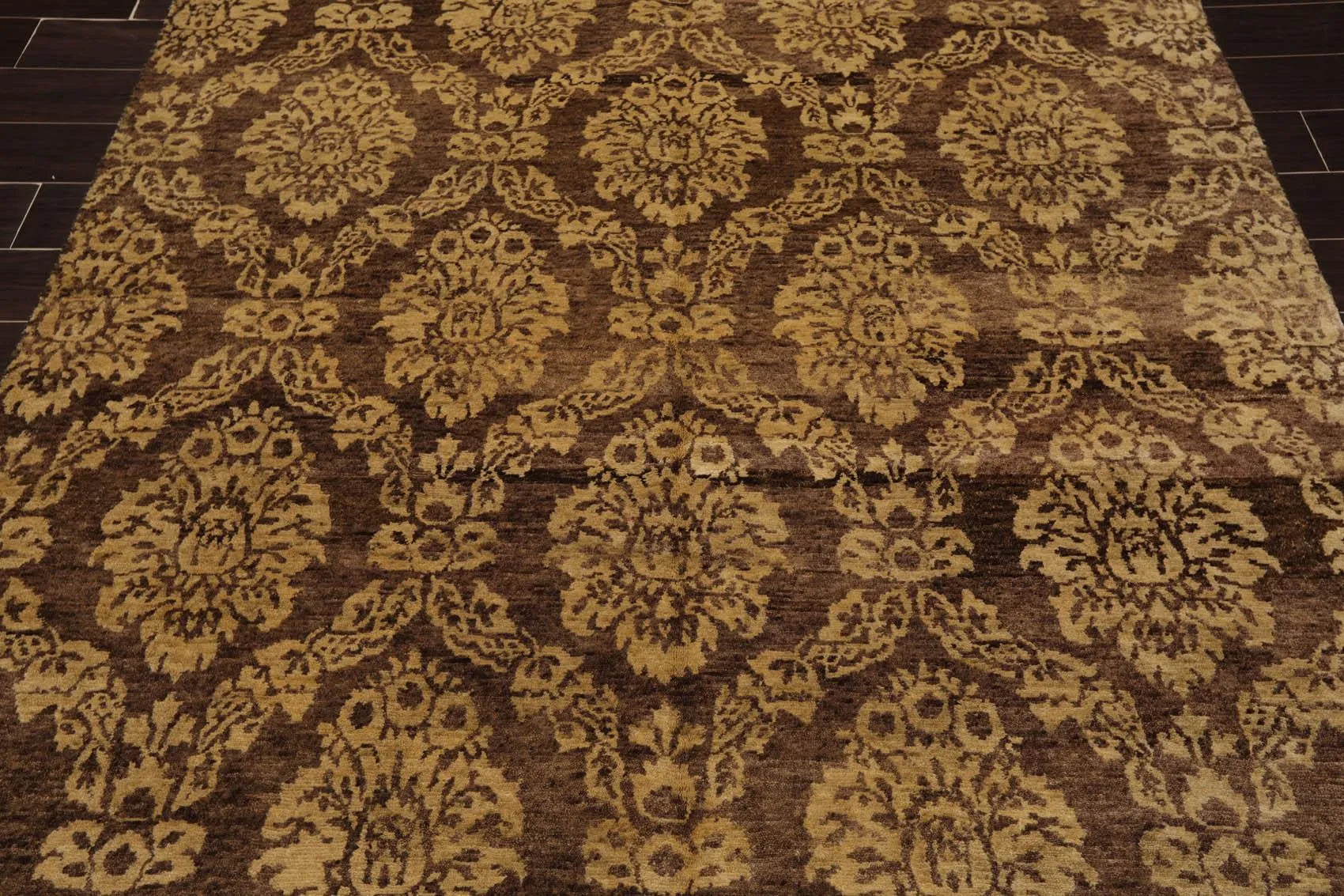 6' x 9' Hand Knotted New Zealand Wool Damask Area Rug Brown Light Gold Antique-4