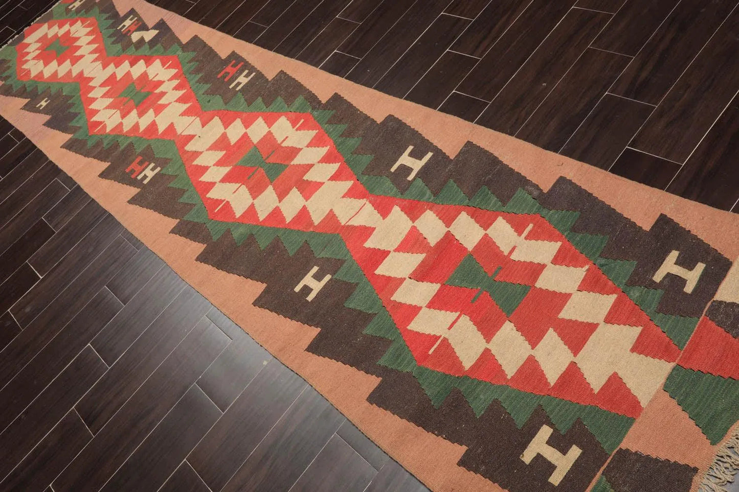 Authentic Turkish Kilim Runner Flat Weave Hand Woven Wool Area Rug Charcoal 3' x 12'6''-1