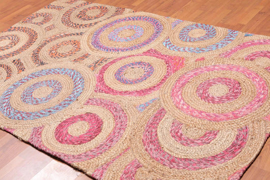 5' x 8' Hand Braided Circle Medley Sisal & Cotton Oriental Area Rug Multi-0