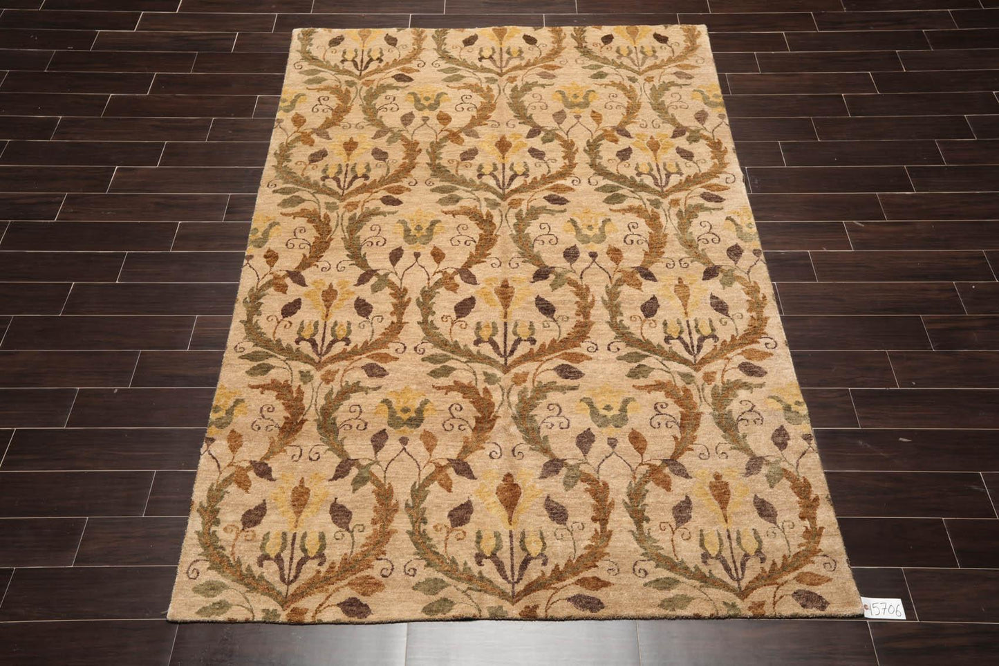 5'11" x 8'10" Hand Knotted Botanical New Zealand Wool Oriental Area Rug Tan-1