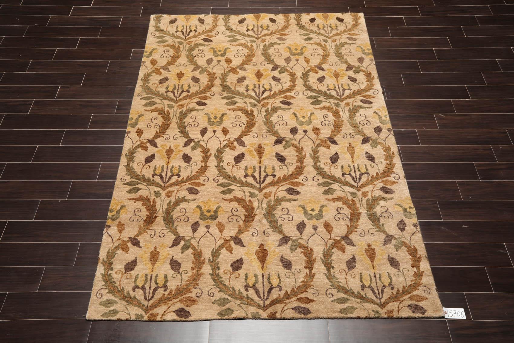 5'11" x 8'10" Hand Knotted Botanical New Zealand Wool Oriental Area Rug Tan-1